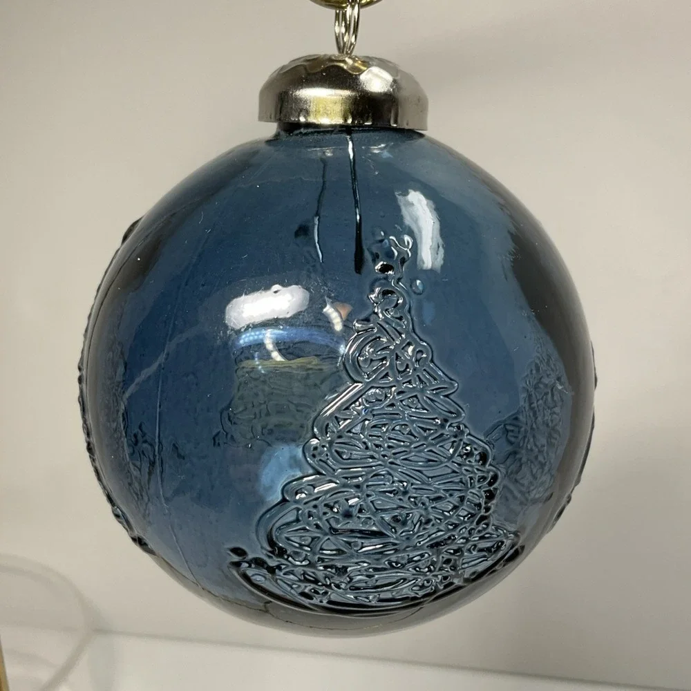 Vintage Heavy blue glass Christmas ball ornament‎ with raised tree design 3 in